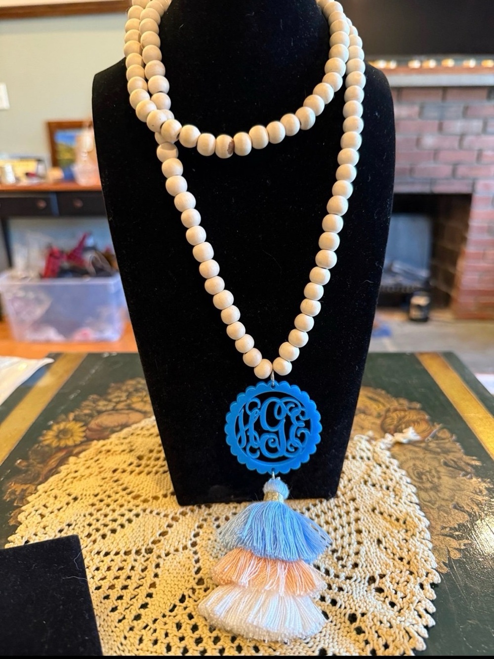 Beaded Monogram Tassel Necklace - Blue & Cream